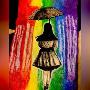 Acrylic painting of shadowed girl under umbrella in rainbow rain.